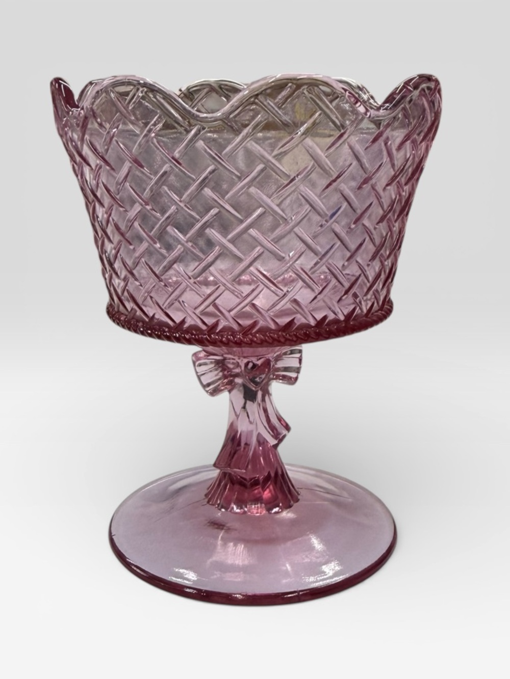 Fenton Pink Basket Weave Ribbon Bow Pedestal Compote Dish Original Sticker NEW - Picture 3 of 8